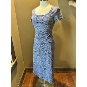 Peruvian Connection Blue Floral Short Sleeve Cotton Blend Midi Dress Size Small